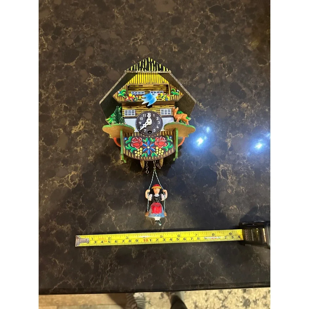 Vintage Miniature Chalet Cuckoo Clock Floral Hand Painted Girl Pendulum Decor